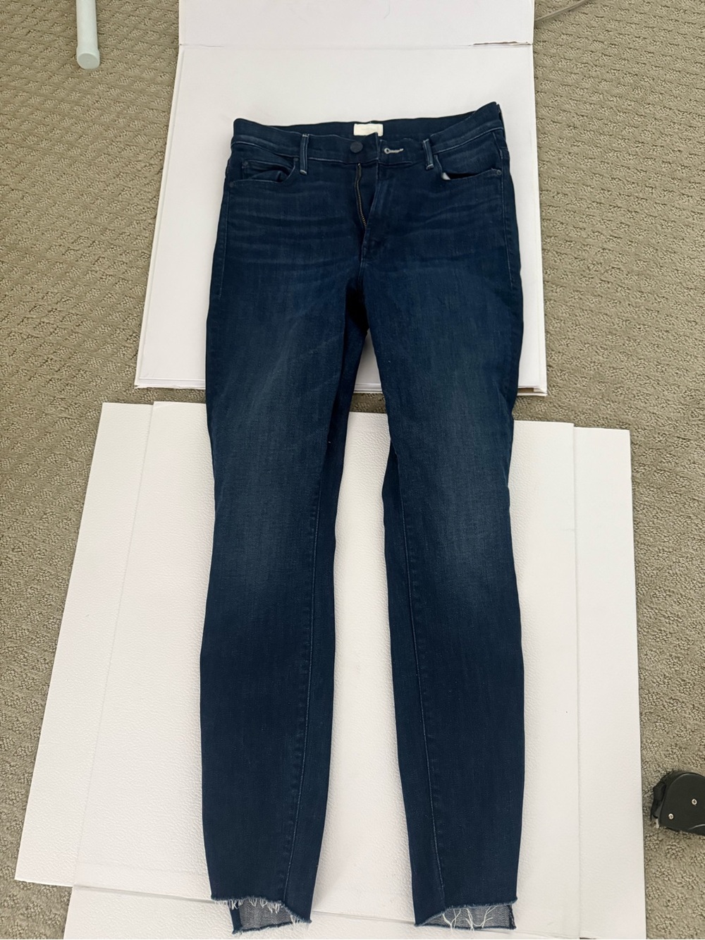 MOTHER Navy Skinny Jeans with Raw Hem